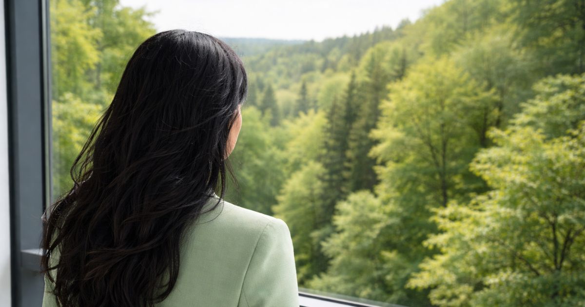 Frau blickt ruhig und nachdenklich aus dem Fenster