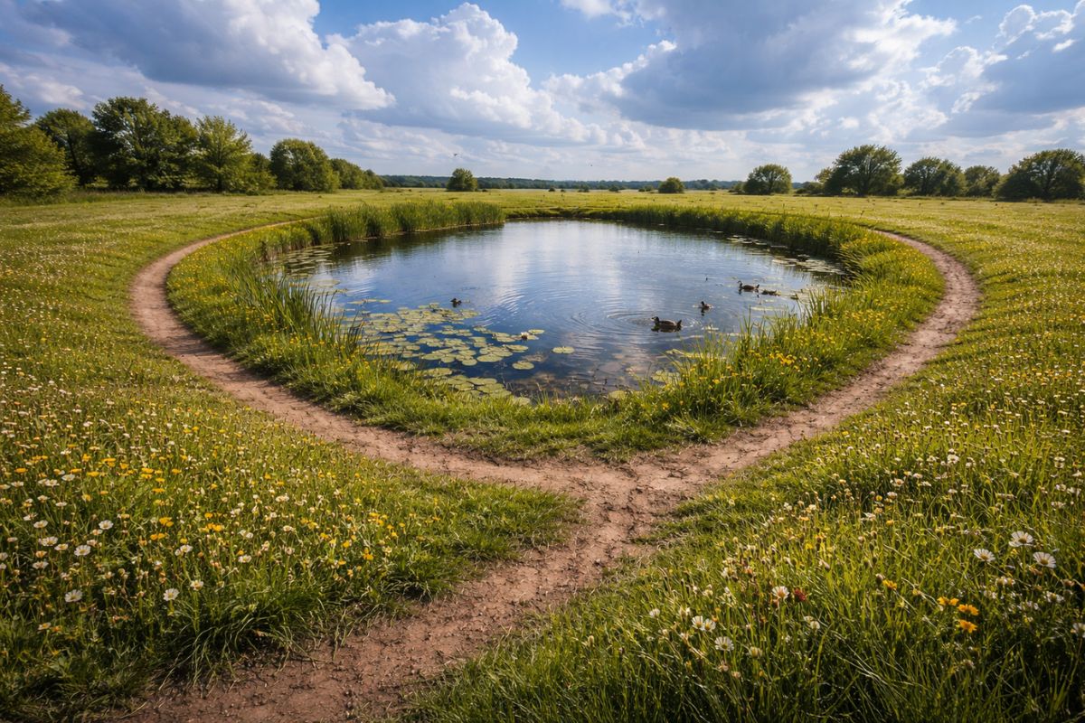 Ein ruhiger Teich in einer offenen Wiese, umgeben von einen schmalen Weg und sommerlicher Vegetation