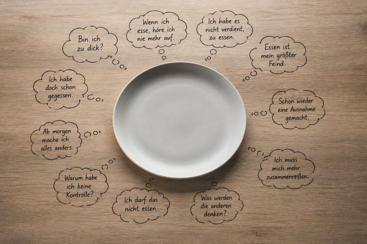 Leerer Teller mit kreisenden Gedanken rund ums Essen oder Kontrolle als Symbol für Essstörungen und ständiges Denken ans Essen.